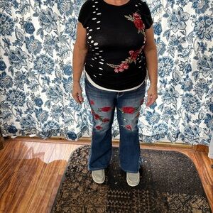 Wallflower Dark Blue Floral Embroidered Wide Leg Jeans